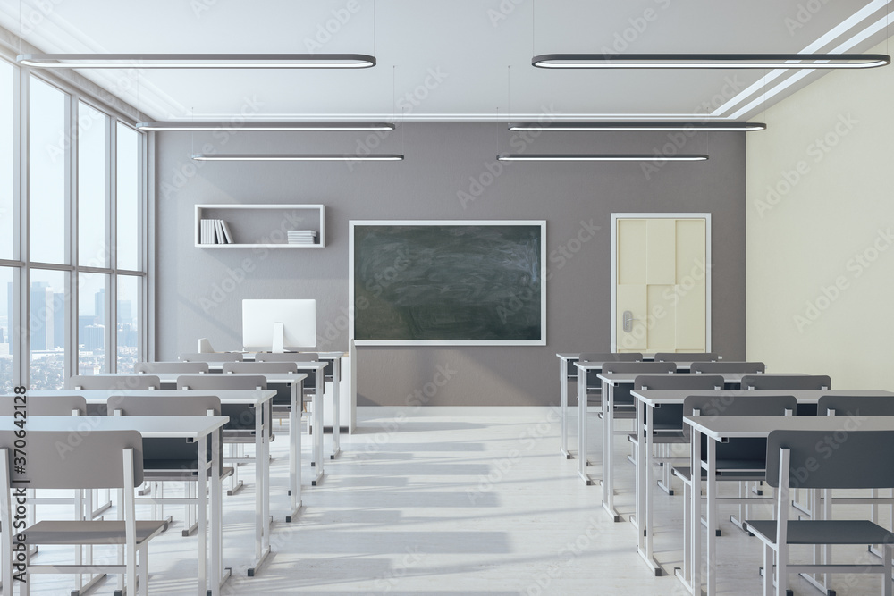 Poster light classroom interior with empty chalkboard