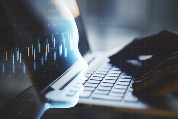 Hands using laptop with glowing head outline with forex chart interface.