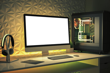 Fototapeta premium Creative designer desktop with water-cooled system unit