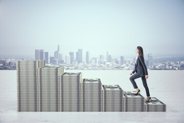 Fototapeta na wymiar Businesswoman rises in stacks of dollars money in form chart on city background.