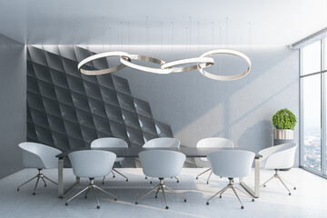 Minimalistic meeting room interior with furniture and city view.