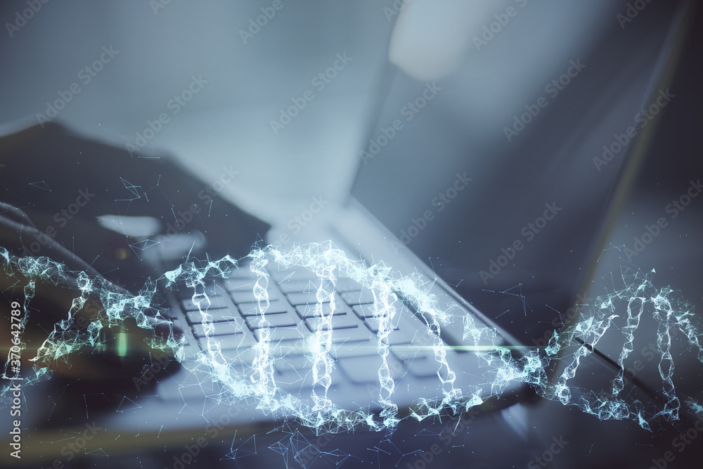 Poster close up of hand typing on keyboard laptop with digital dna spiral hologram.
