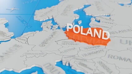 Poland highlighted on a white simplified 3D world map. Digital 3D render.