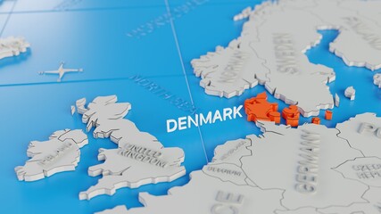 Denmark highlighted on a white simplified 3D world map. Digital 3D render.