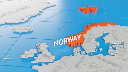 Norway highlighted on a white simplified 3D world map. Digital 3D render.