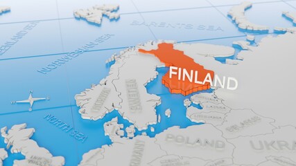 Finland highlighted on a white simplified 3D world map. Digital 3D render.