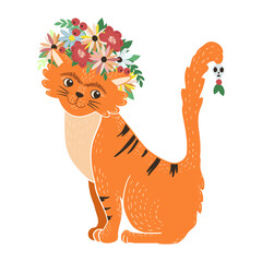 Vector illustration, ginger cat in mexican style