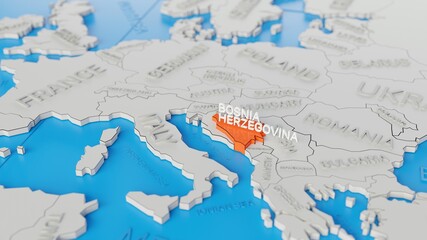 Fototapeta premium Bosnia and Herzegovina highlighted on a white simplified 3D world map. Digital 3D render.