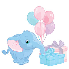 Cute elephant with balloons and gifts