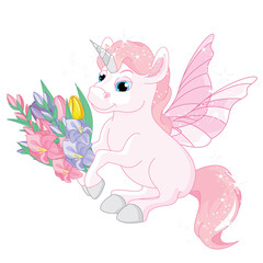 Cute pink Unicorn with flowers