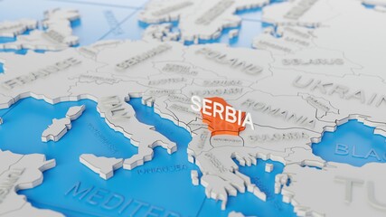 Fototapeta premium Serbia highlighted on a white simplified 3D world map. Digital 3D render.