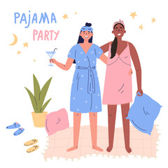 Pajama party vector cartoon illustration.Young women,girls, teenagers have fun together. Poster, flaer or banner for your event.Cozy party with cocktails at home.Girlfriends in pajamas in the bedroom.