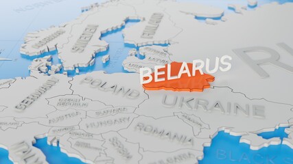Belarus highlighted on a white simplified 3D world map. Digital 3D render.