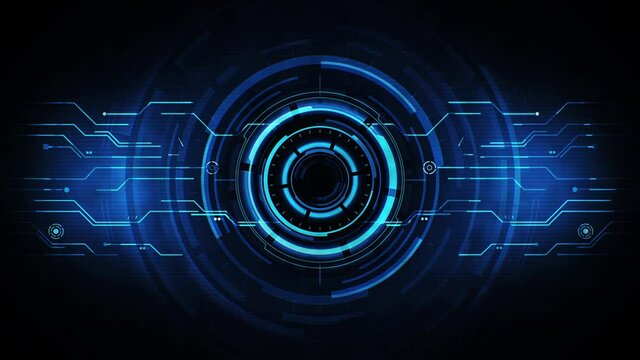 Abstract HUD element with round core and electronic circuit animation. Virtual dashboard interface for futuristic concept. Seamless loop.