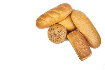 Bakery product. Bread. Beautiful composition with different bread on a white background. Isolate. Space for text. Top view and copy space for text.
