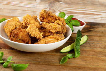Breaded Fried Chicken Wings, Fingers and Drumstick