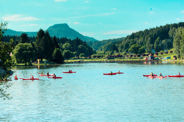 Fototapeta na wymiar canoes on the background of mountains