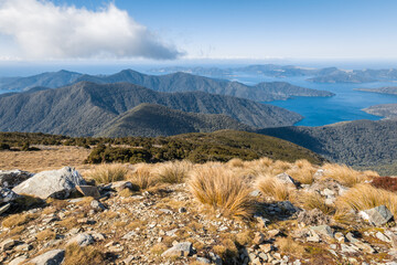 view of mountain ranges in Marlborough Sounds from Mount Stokes summit, South Island, New Zealand
