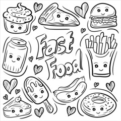 Cute kawaii fast food Vector illustration Set. Cartoon fast food faces. simple and trendy doodle hand drawn style