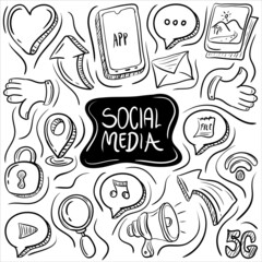 Social Media Hand Drawn Doodle set. simple and trendy Sketch Vector illustration