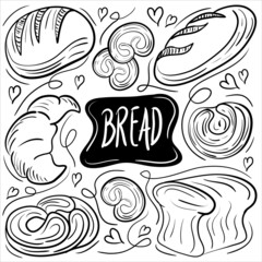 Bread and Bakery Food Hand Drawn Doodle. simple and trendy Sketch Vector illustration
