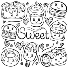 Kawaii Sweets and cake sketching doodle icons set, Trendy and lovely hand drawn style
