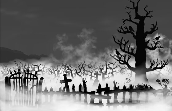 Spooky old graveyard inside fog clouds with broken fence, gates, woods, tombs and ravens sitting on the big tree. Vector hazy black and whte night landscape.