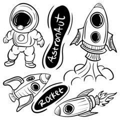 Astronaut and Rockets vector illustration. New and trendy linear doodle concept with hand drawn style
