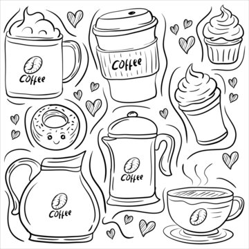 Coffee and Cafe doodle icons set, Trendy and lovely hand drawn style isolated on white background 
