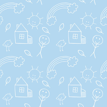 Blue endless pattern in the room for boy with white outline baby Doodle illustrations for newborn. Background for textiles, clothing, paper packaging, sewing fabrics, covers . Pencil sketch by hand