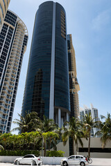 Sunny Isles, Florida, USA - May, 2020: Streets in Miami. Finance center. Florida business. Porshe building.