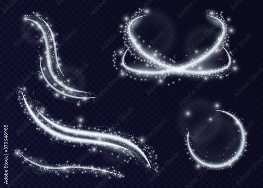 Wall mural set of sparkling magic flying lights making curving trails over a dark background for use as design 