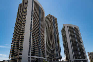 Fototapeta na wymiar Miami, USA - MAY, 2020: Apartments in skyscrapers. Tall houses, real estate. Expensive US real estate. Investments.