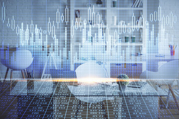 Double exposure of financial graph drawing and office interior background. Concept of stock market.