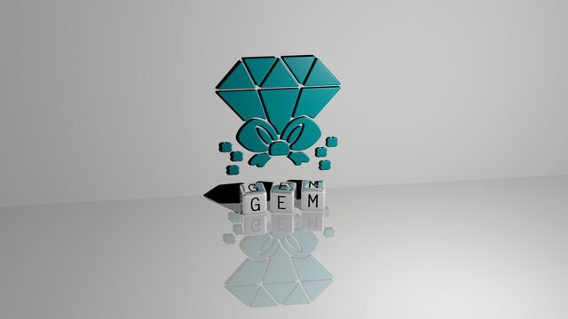 GEM text of cubic dice letters on the floor and 3D icon on the wall. 3D illustration. background and crystal