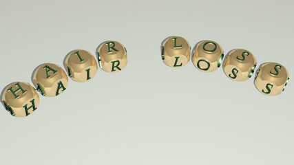 hair loss text of dice letters with curvature. 3D illustration. beautiful and girl