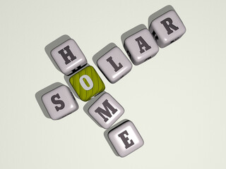 solar home crossword by cubic dice letters. 3D illustration. energy and background