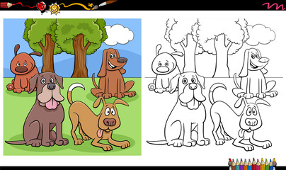 comic dogs and puppies group coloring book page