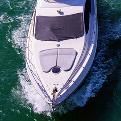 Yacht with sun protection on the window. Beautiful ocean vacation.