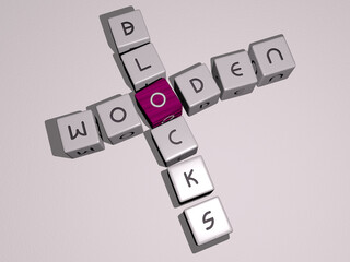 WOODEN BLOCKS crossword by cubic dice letters. 3D illustration. background and table