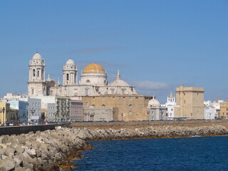 Beautiful panorama of Cadiz Cadix city, along the ocean, with Cathedral of Santa Cruz on Cadiz, Andalusia, Spain