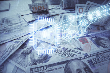 Double exposure of data theme drawing over us dollars bill background. Technology concept.