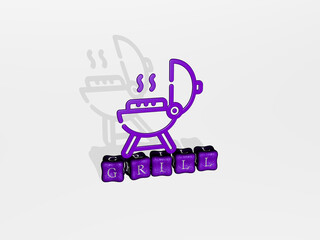 grill 3D icon on cubic text. 3D illustration. barbecue and background