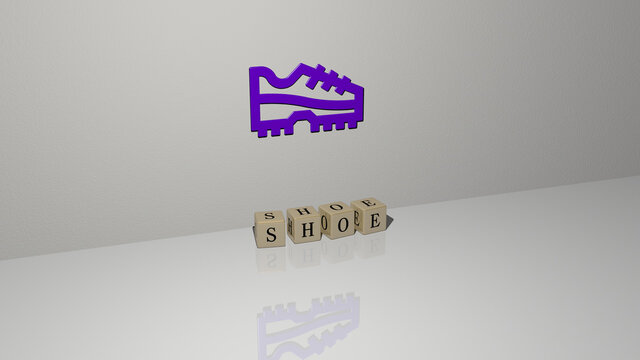 shoe text of cubic dice letters on the floor and 3D icon on the wall. 3D illustration. background and shoes