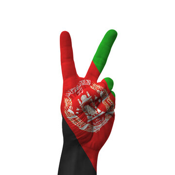 Hand making victory sign, Afghanistan painted with flag as symbol of victory, win, success - isolated on white background