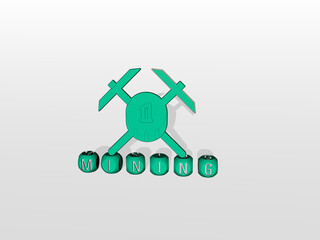 mining cubic letters with 3D icon on the top. 3D illustration. background and bitcoin