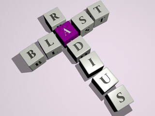 blast radius crossword by cubic dice letters. 3D illustration. background and abstract