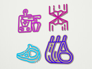 CHOP 4 icons set. 3D illustration. background and meat