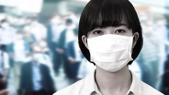 コロナ禍　マスクの暗い女性とマスクのビジネスマン東京通勤　イメージ　合成　2020年