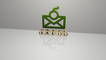 email text of cubic dice letters on the floor and 3D icon on the wall. 3D illustration. business and communication